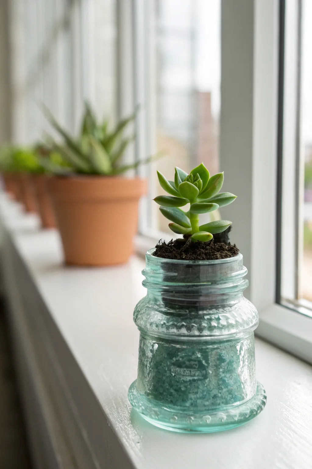 Transform vintage elegance into a touch of greenery with this charming glass insulator succulent planter.