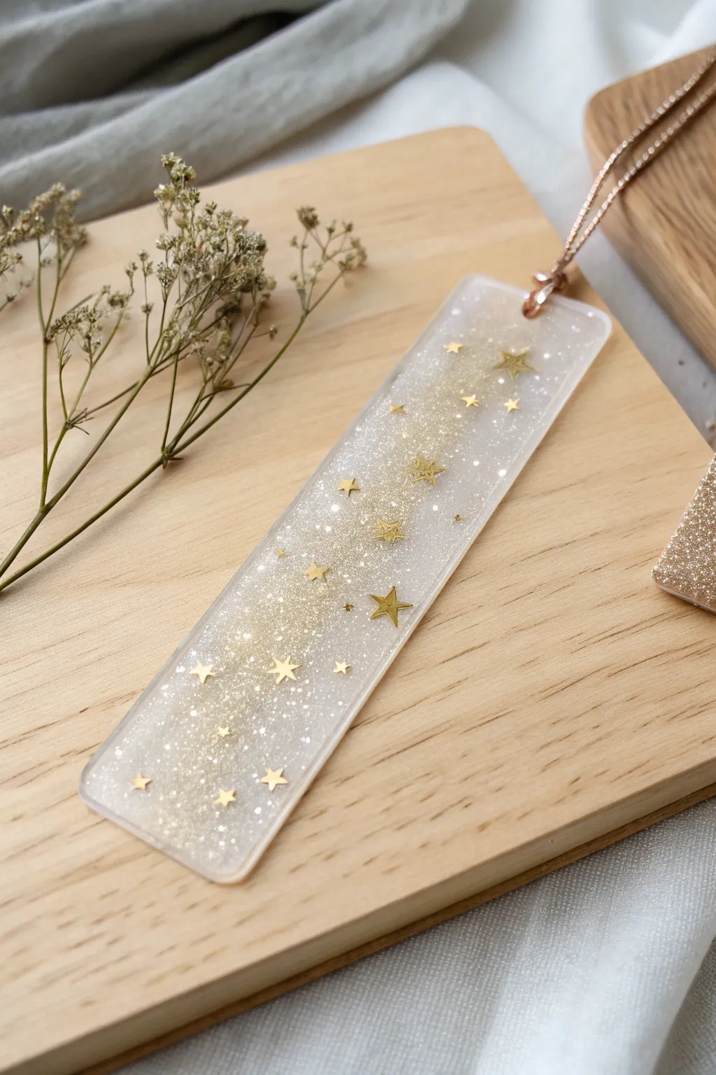 Embrace the magic of starry nights with this enchanting glitter resin bookmark.