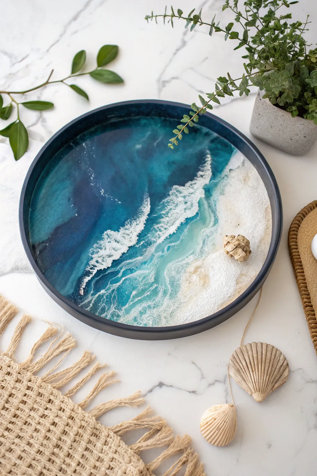 Elevate your space with ocean-inspired elegance: a stunning resin tray for a touch of glamour.
