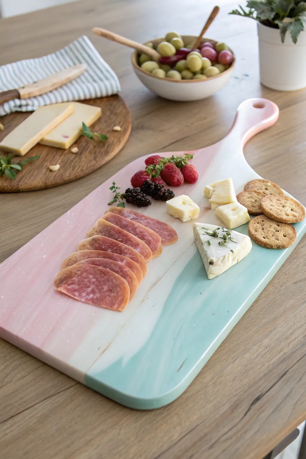 Elevate your serving style with the elegance of a paddle-shaped resin board, perfect for any gathering.
