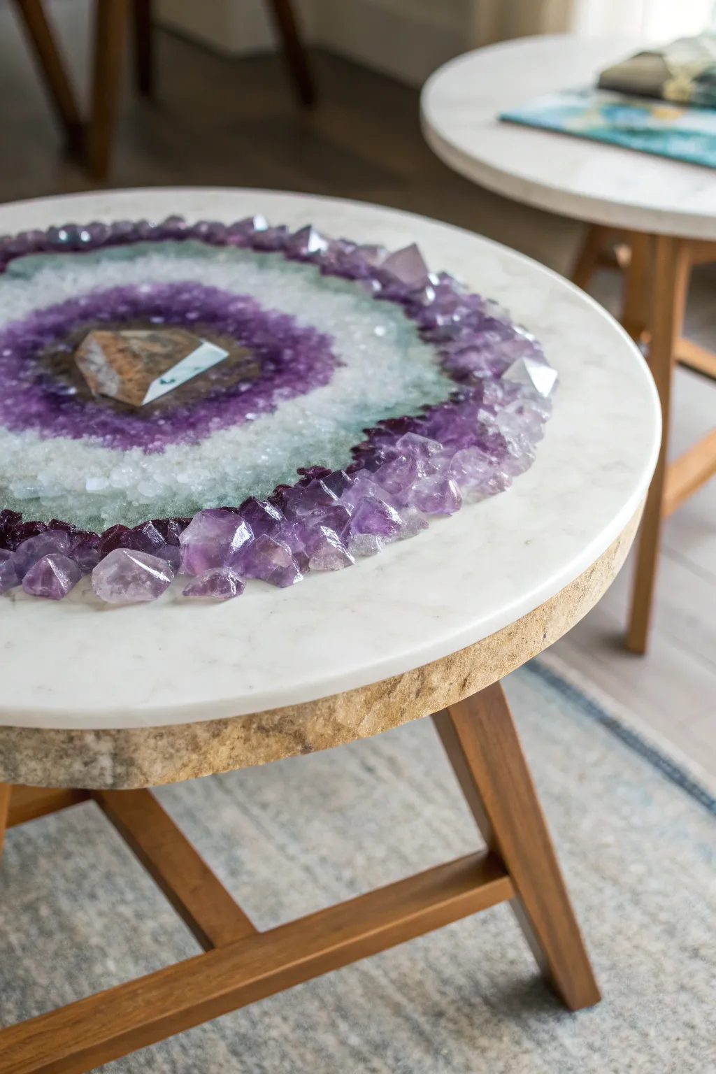 Discover the allure of geode glamour with this exquisite amethyst resin table—a perfect blend of elegance and natural charm.