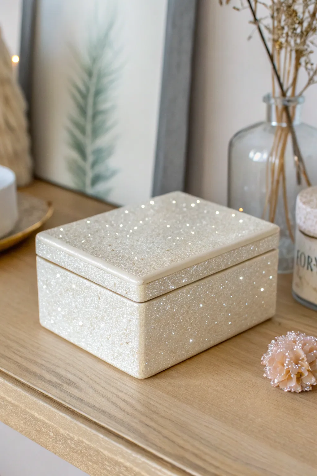 Add a touch of sparkle to your space with this glitter-infused resin trinket box, perfect for brightening up any corner with minimalist elegance.
