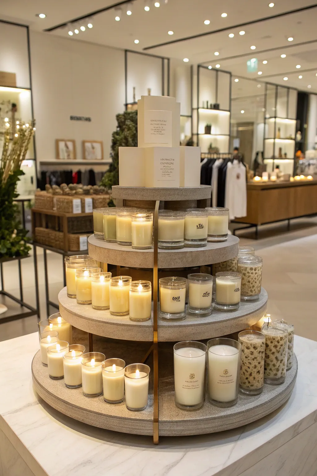 Tiered candle display adding depth and interest.