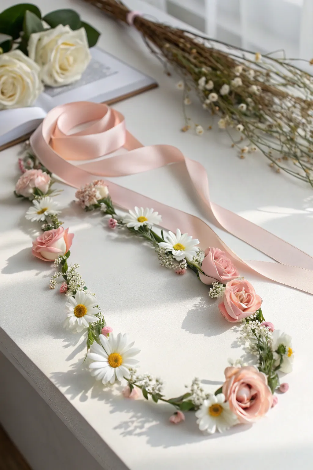 Elevate your style with a touch of nature: Ribbon Lei with Floral Accents.