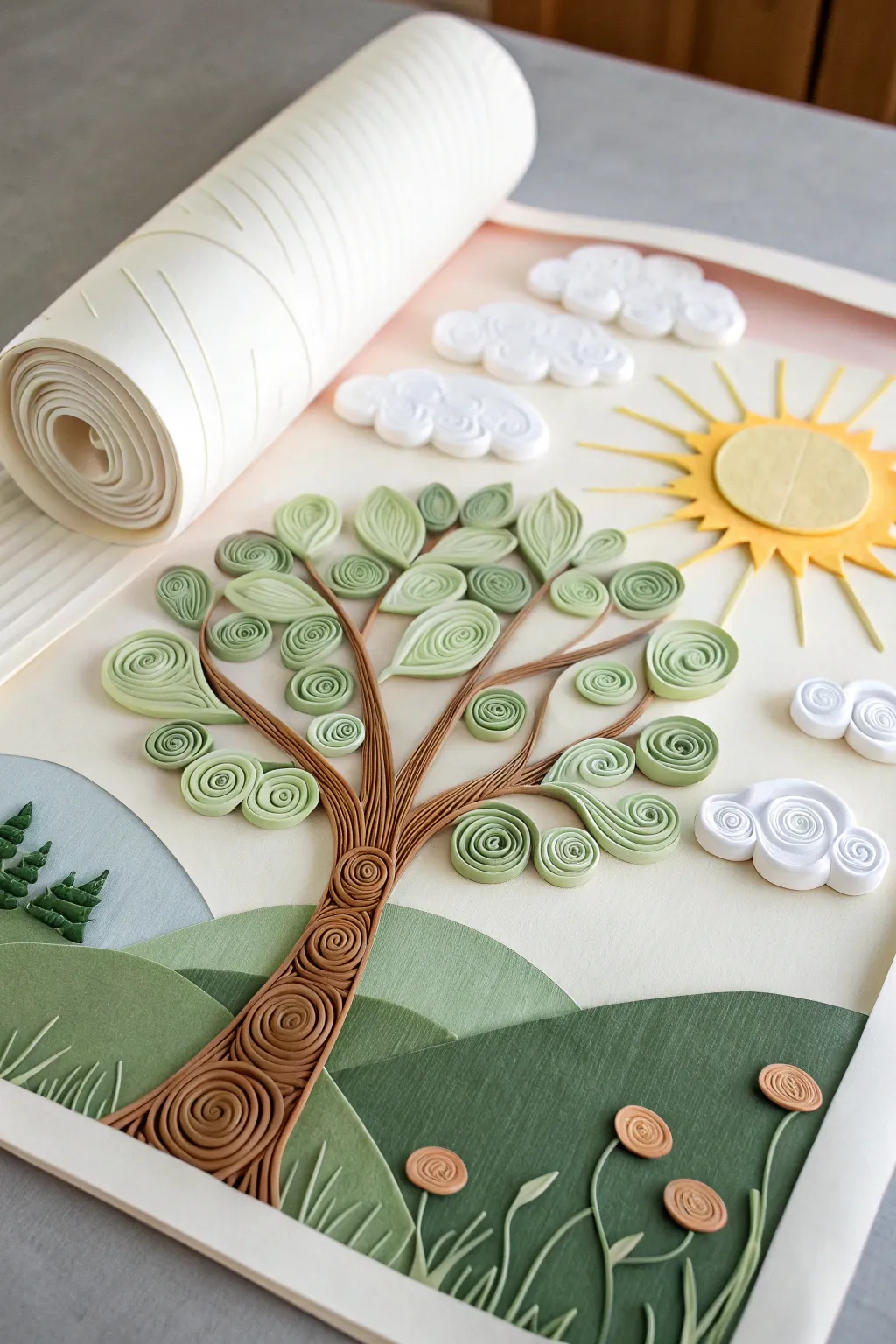 Embrace tranquility with this serene rolled paper tree landscape, a perfect blend of minimalist and boho charm.
