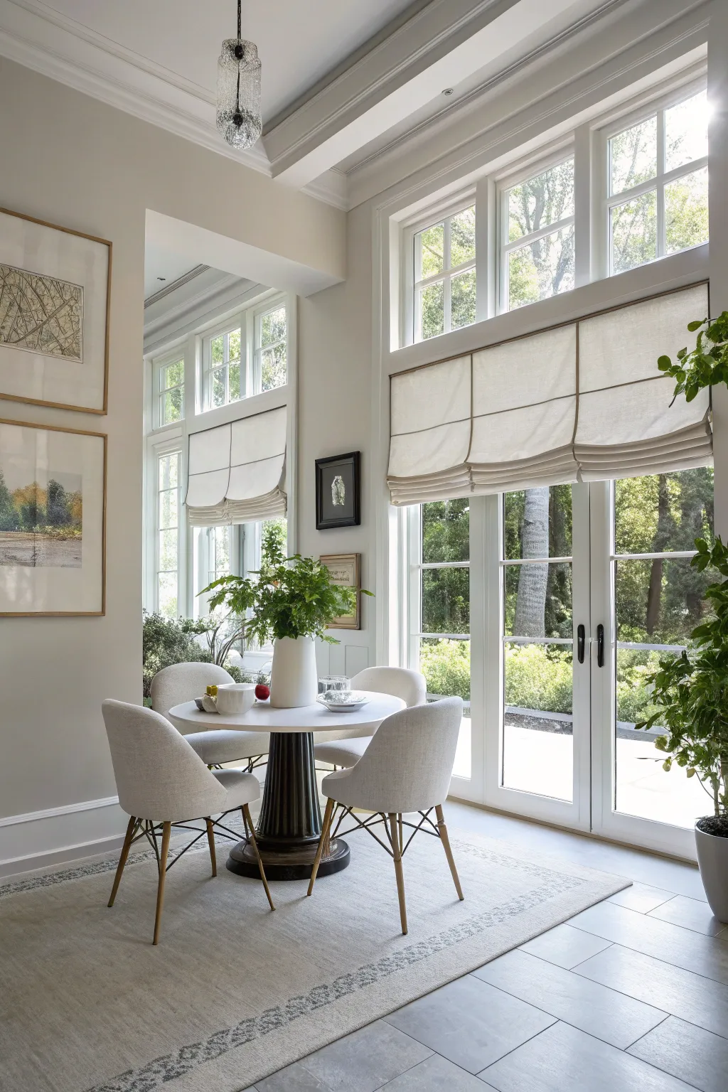 Bright Roman shades enhance natural light in this dining area.