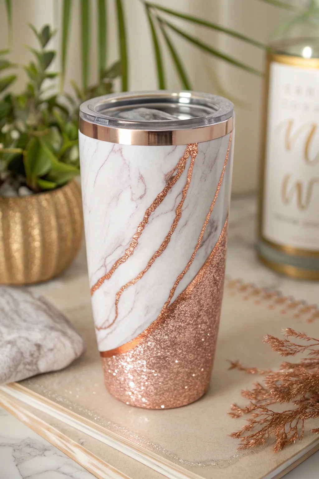 Elevate your style with the perfect blend of marble elegance and rose gold sparkle.