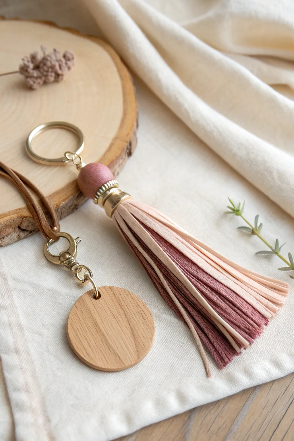 Embrace simplicity and style with a natural wood keychain accentuated by an elegant tassel in seasonal hues.