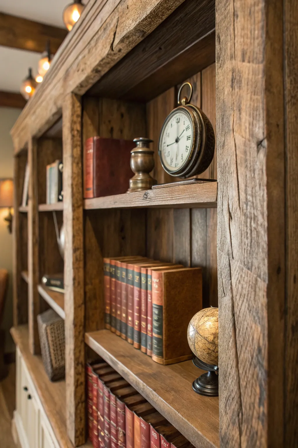 Elevate your space with the timeless charm of reclaimed wood shelving.