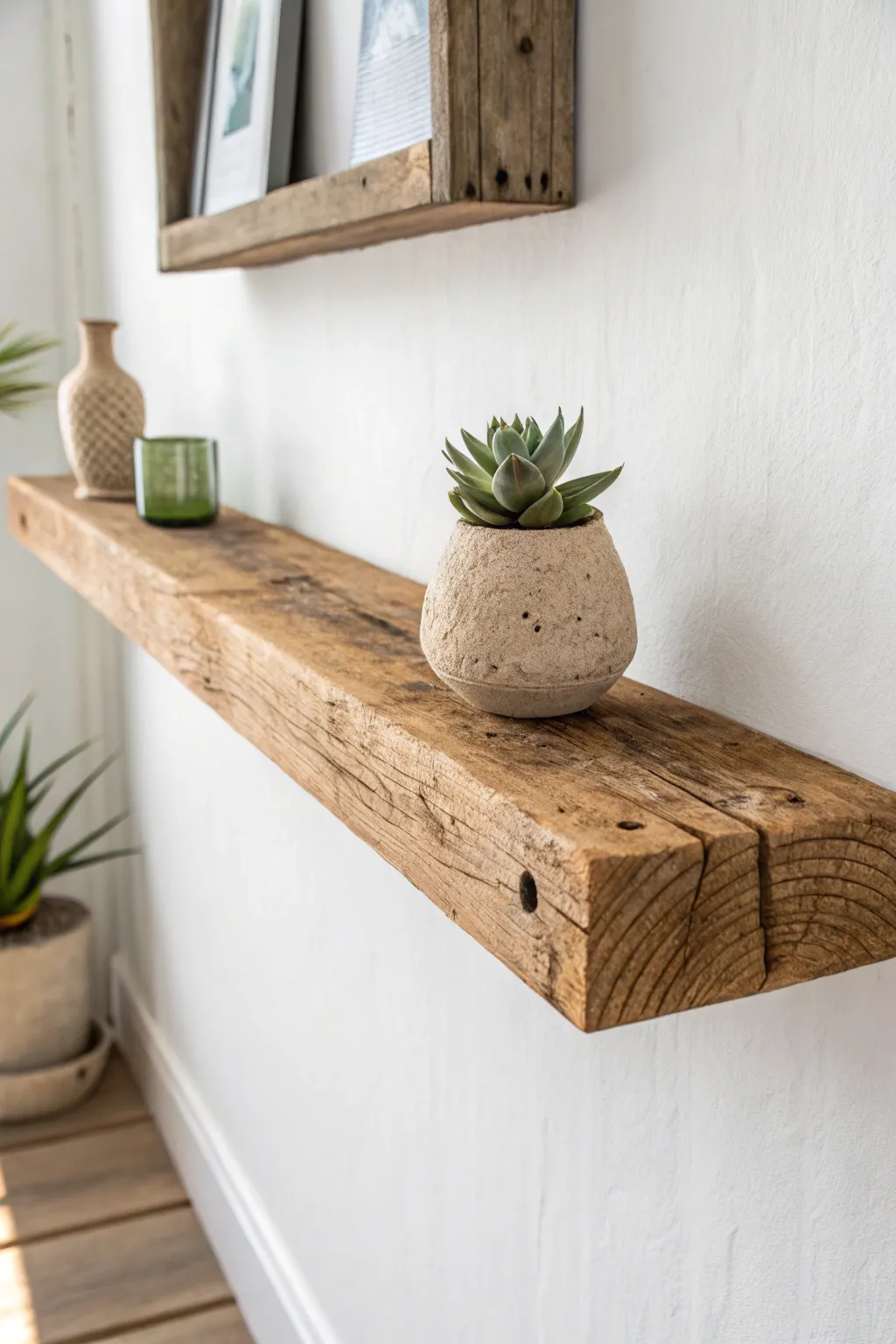 Elevate your space with the timeless elegance of a rustic floating shelf.