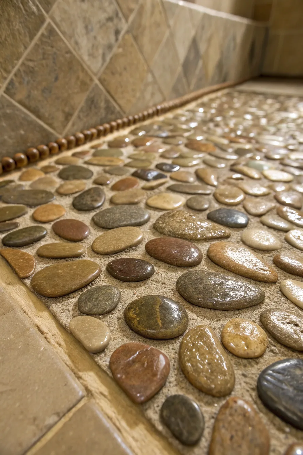 Step into serenity with this pebble floor delight - a perfect blend of aesthetics and comfort.