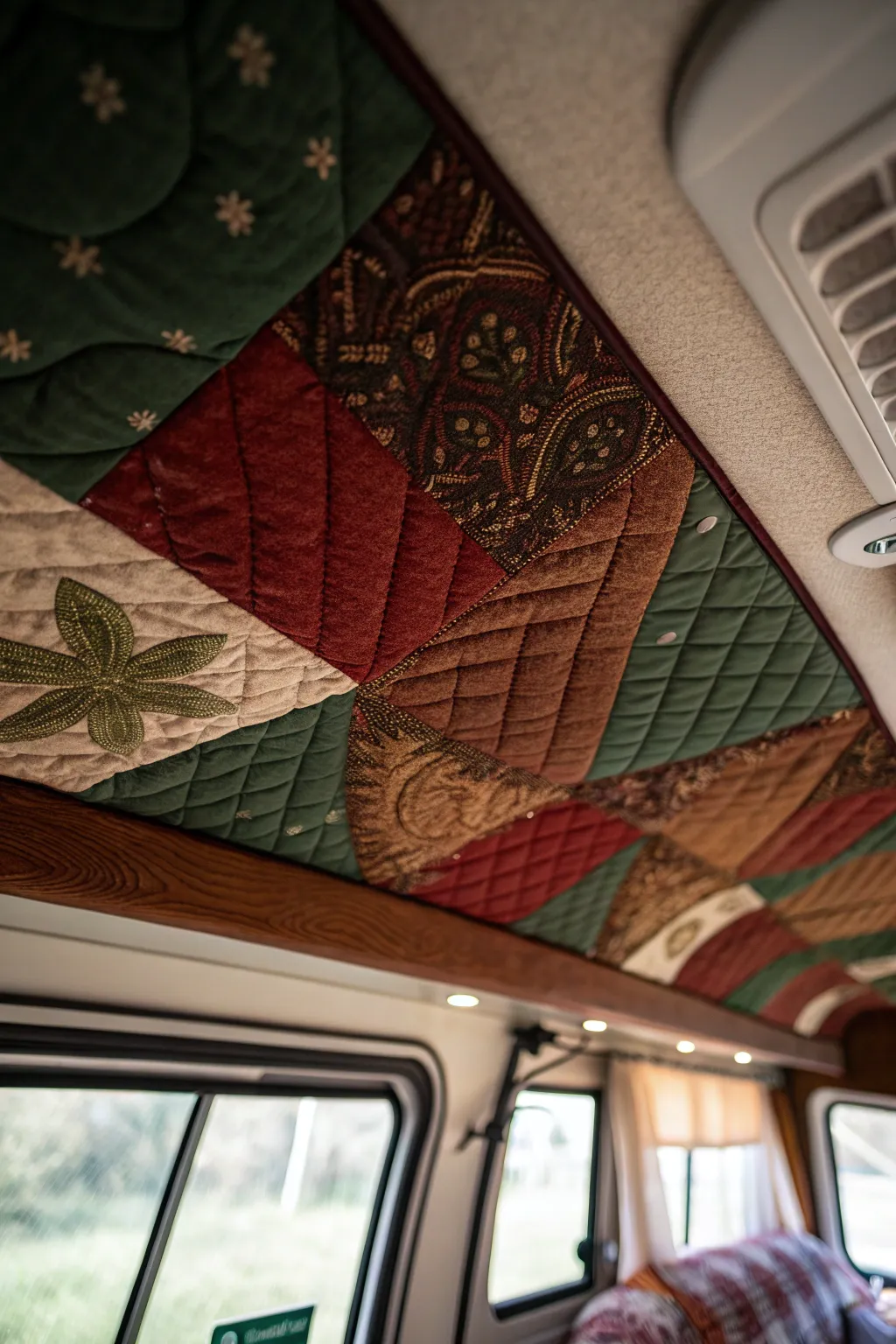 Transform your RV into a cozy retreat with a handcrafted quilt ceiling.