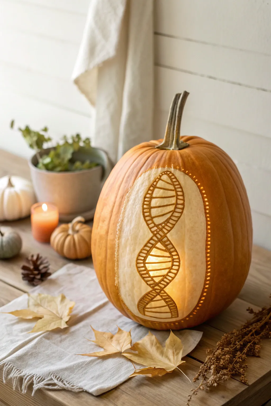 Embrace the art of science with this beautifully carved DNA helix pumpkin, a stunning blend of nature and precision.