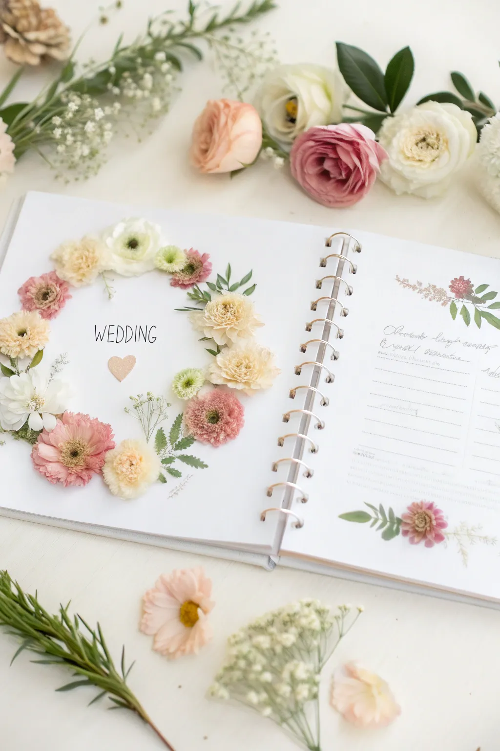 Capture the essence of your wedding with a floral scrapbook page that blends minimalist design with natural beauty.