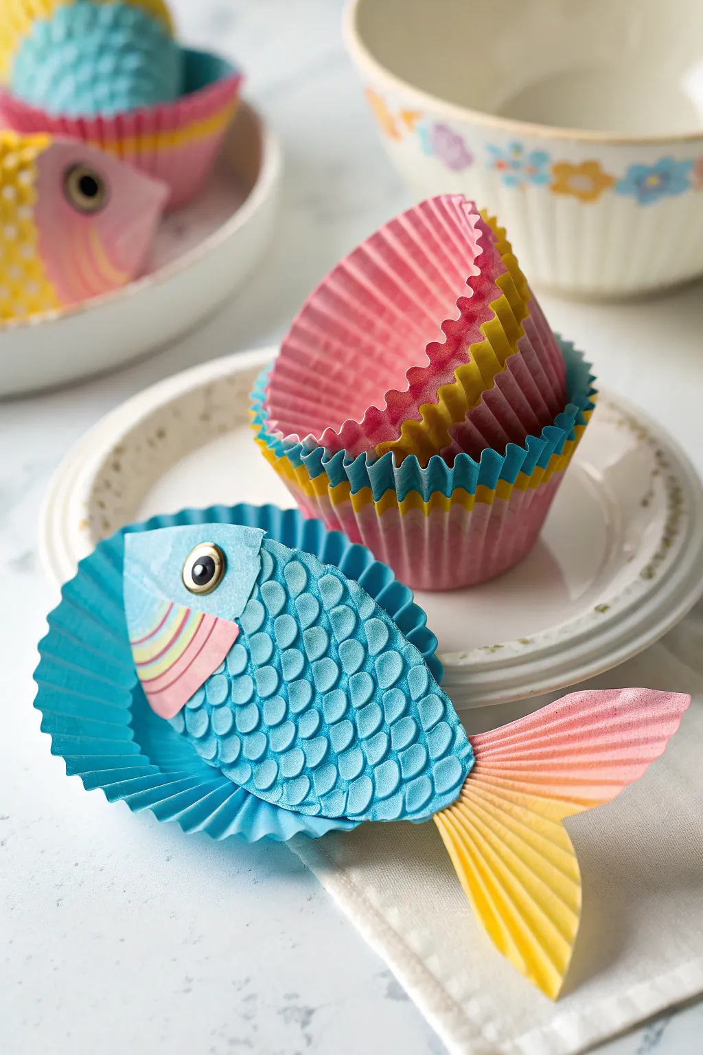 Dive into creativity with these charming cupcake liner fish, where simplicity meets vibrant artistry.