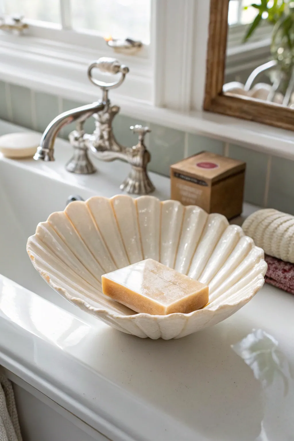 Elevate your bathroom aesthetic with a handcrafted seashell soap dish, blending simplicity and natural beauty.