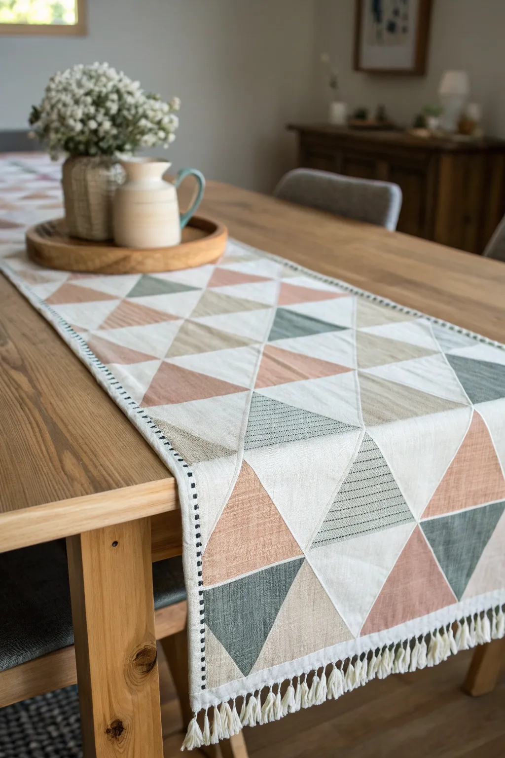 Transform your dining space with a geometric table runner that exudes modern elegance and natural charm.