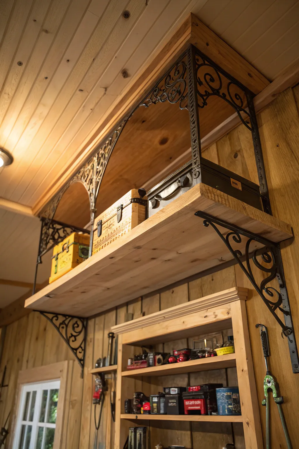 Maximize your shed's potential with artful ceiling storage.