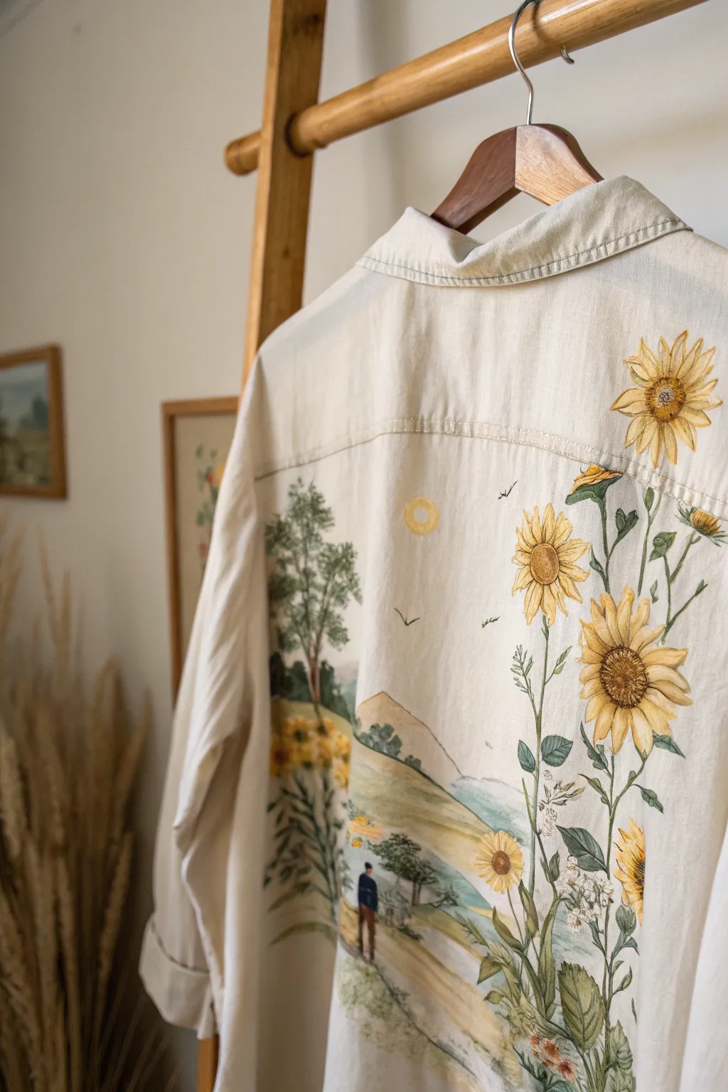 Embrace nature's elegance with a hand-painted sunflower shirt that adds a touch of artistry to your wardrobe.