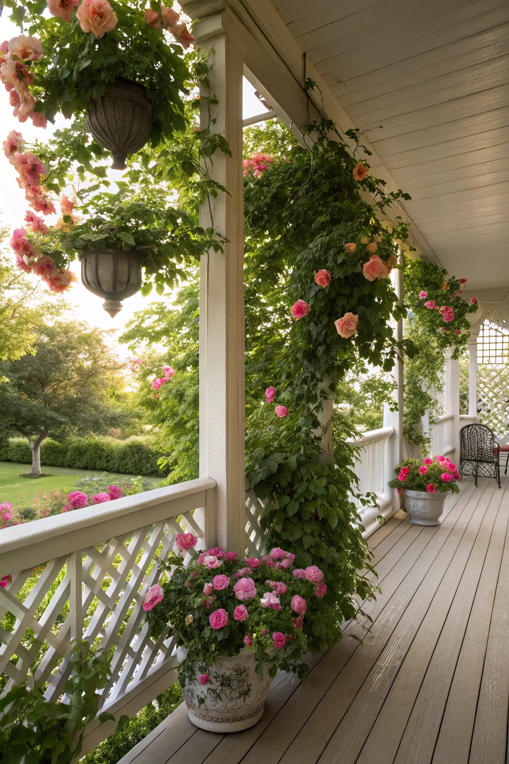 A garden trellis with climbing roses adds charm.