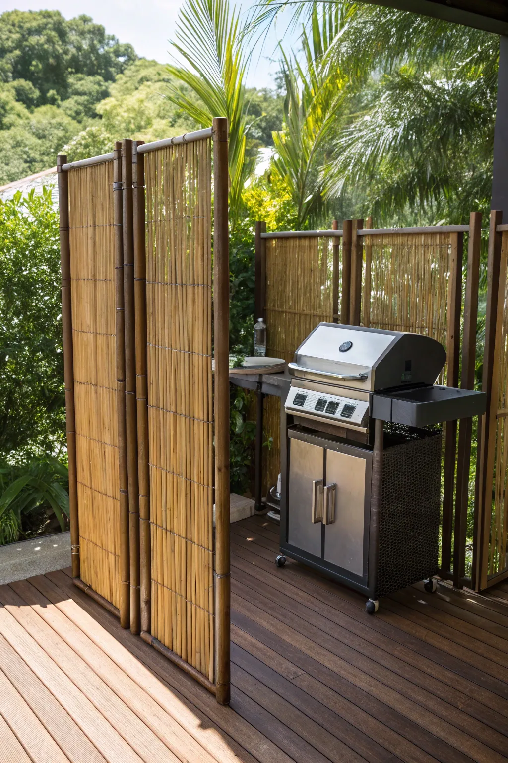 Elevate your outdoor cooking with this chic bamboo screen—a perfect blend of craftsmanship and style.