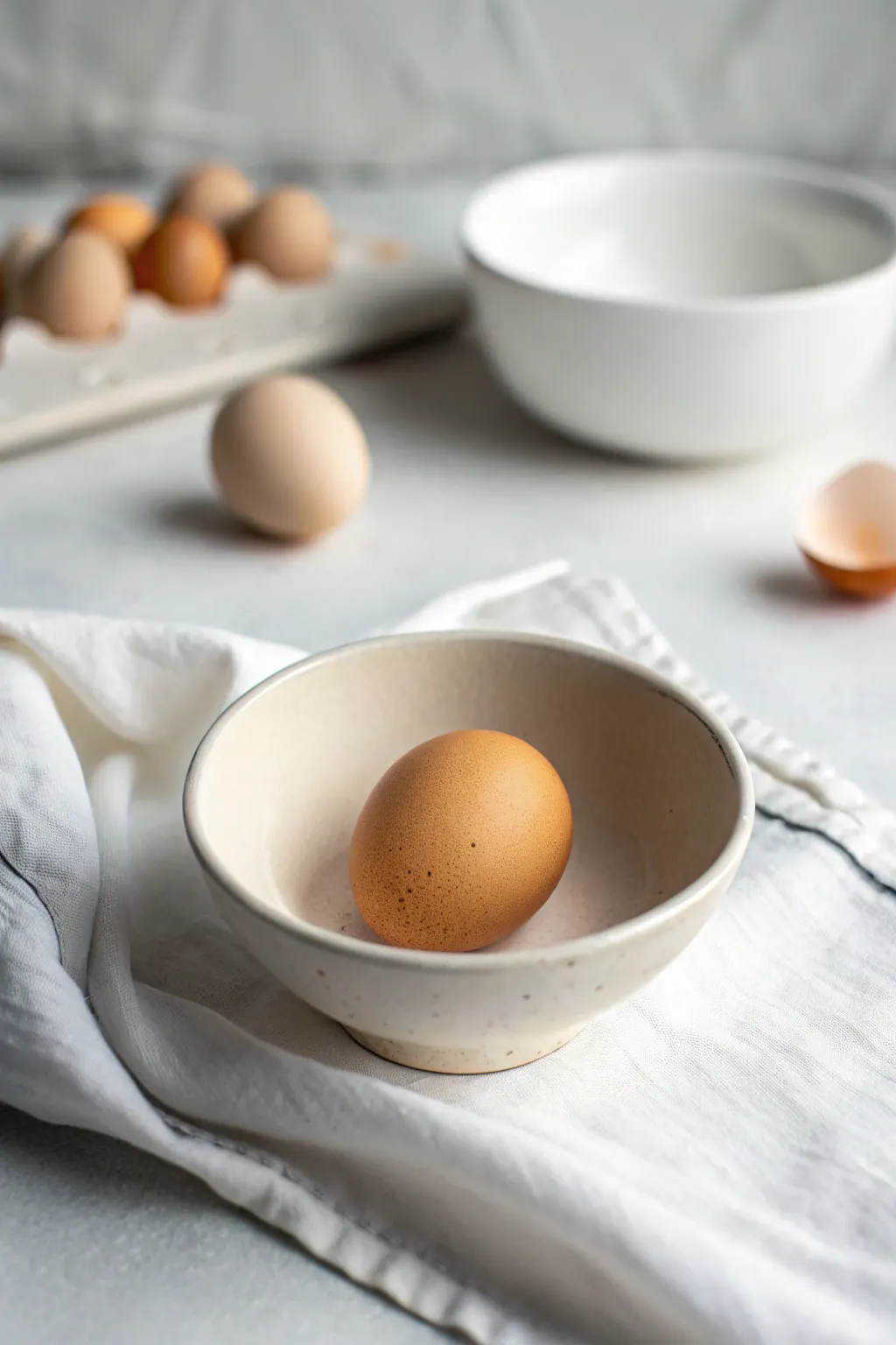 A minimalist focus on a single egg's simplicity.