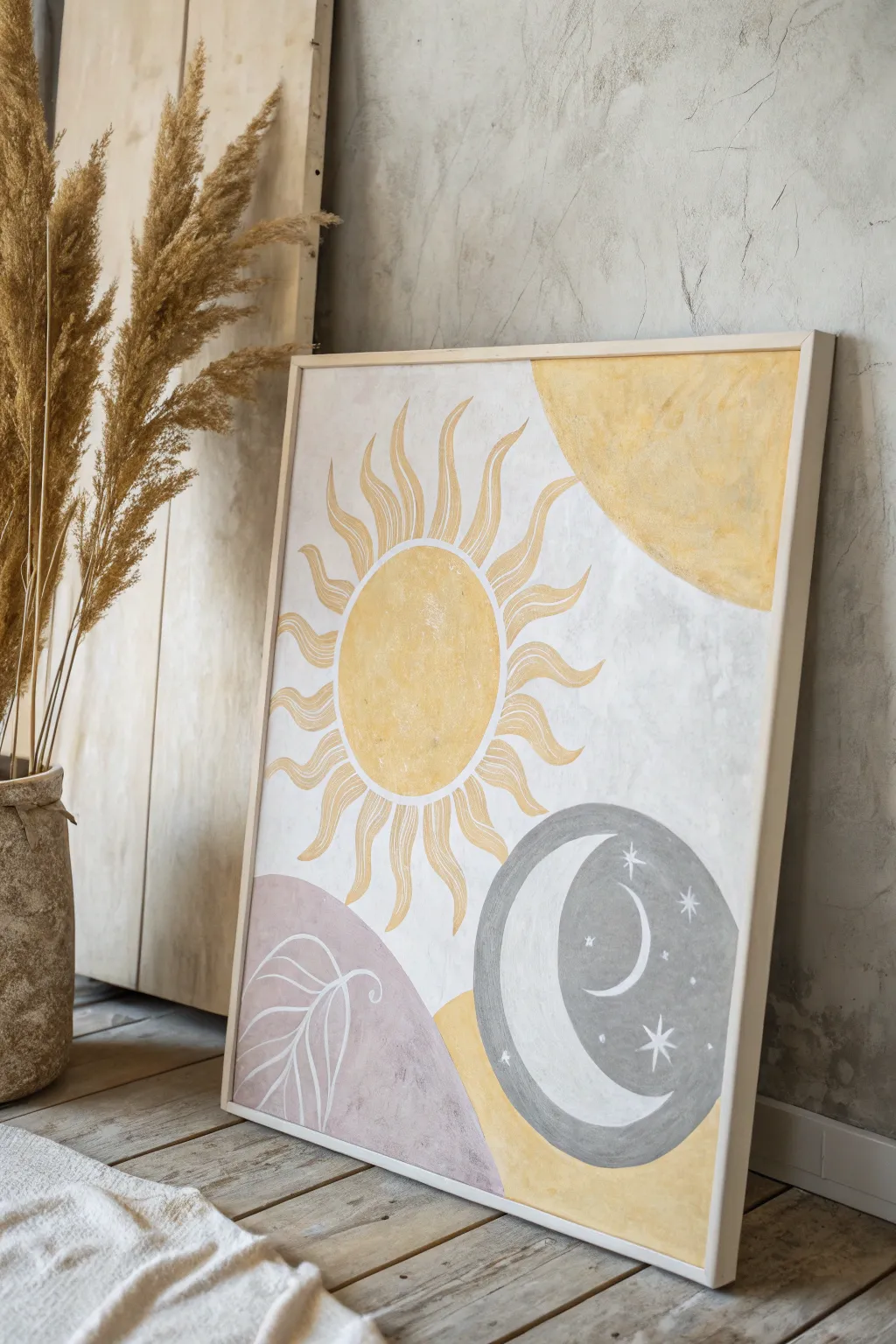 Embrace the harmony of day and night with this stunning sun and moon artwork, perfect for adding a touch of mystique to your space.