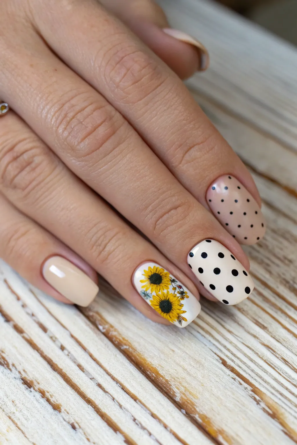 Embrace playful elegance with sunflower and polka dot nails, a chic nod to 60s mod style.