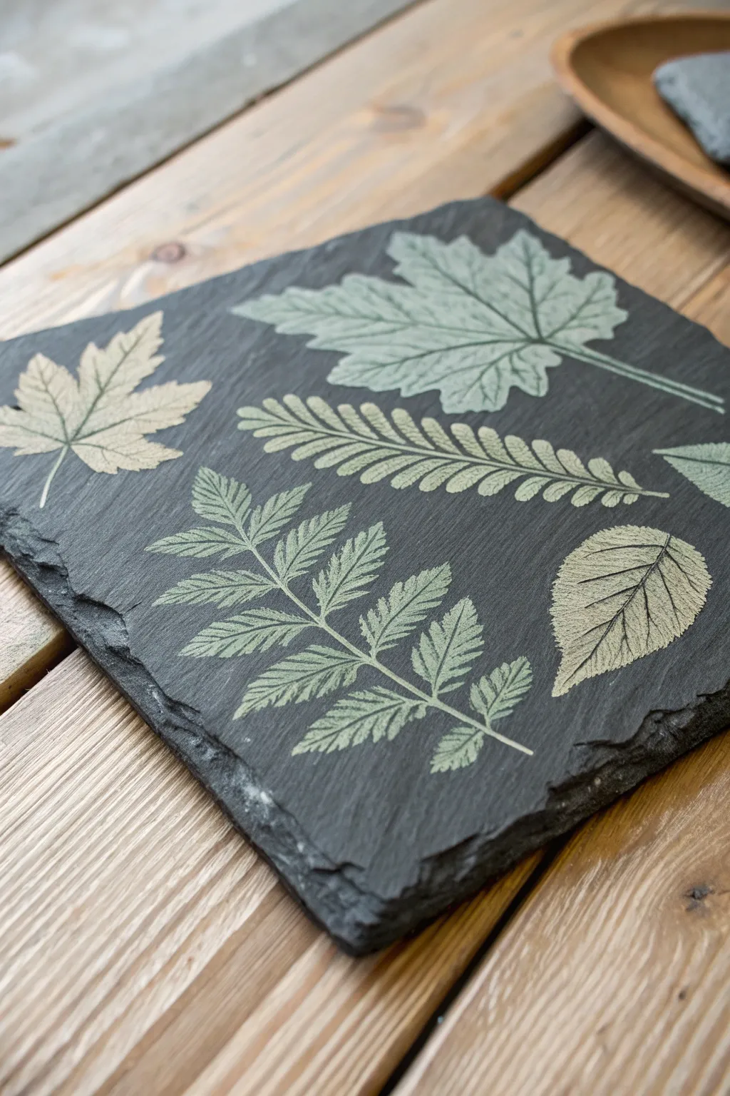Capture nature's elegance with hand-painted leafy impressions on slate.