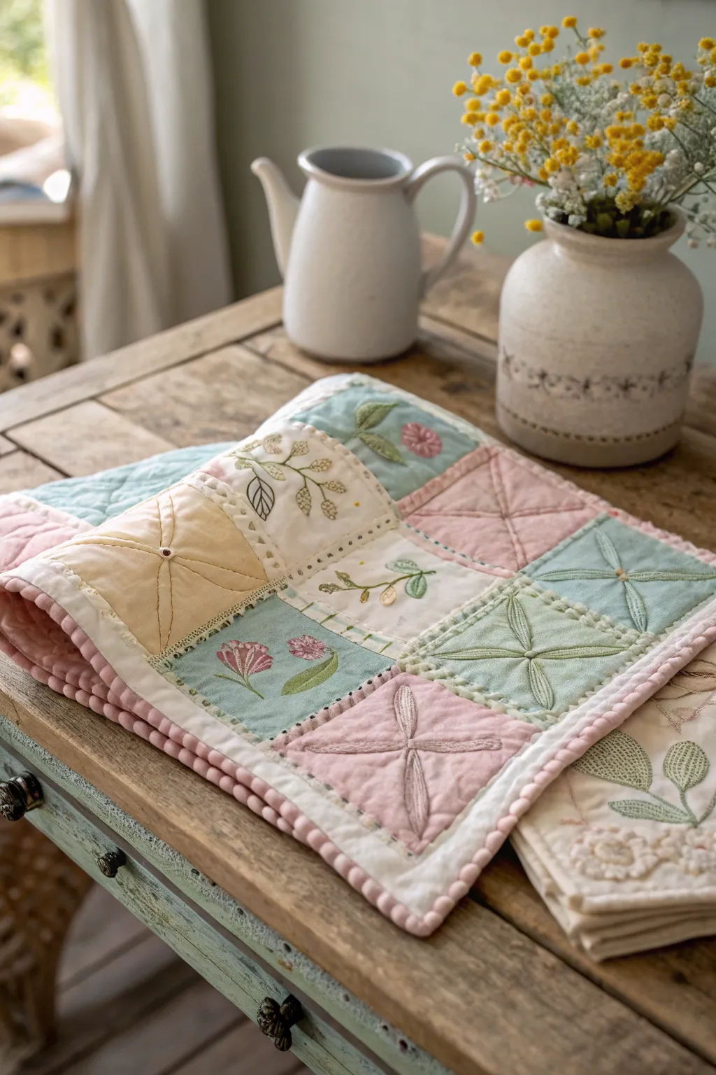 Discover the art of slow stitching with this charming mini quilt, where colorful patches and delicate embroidery come together in perfect harmony.