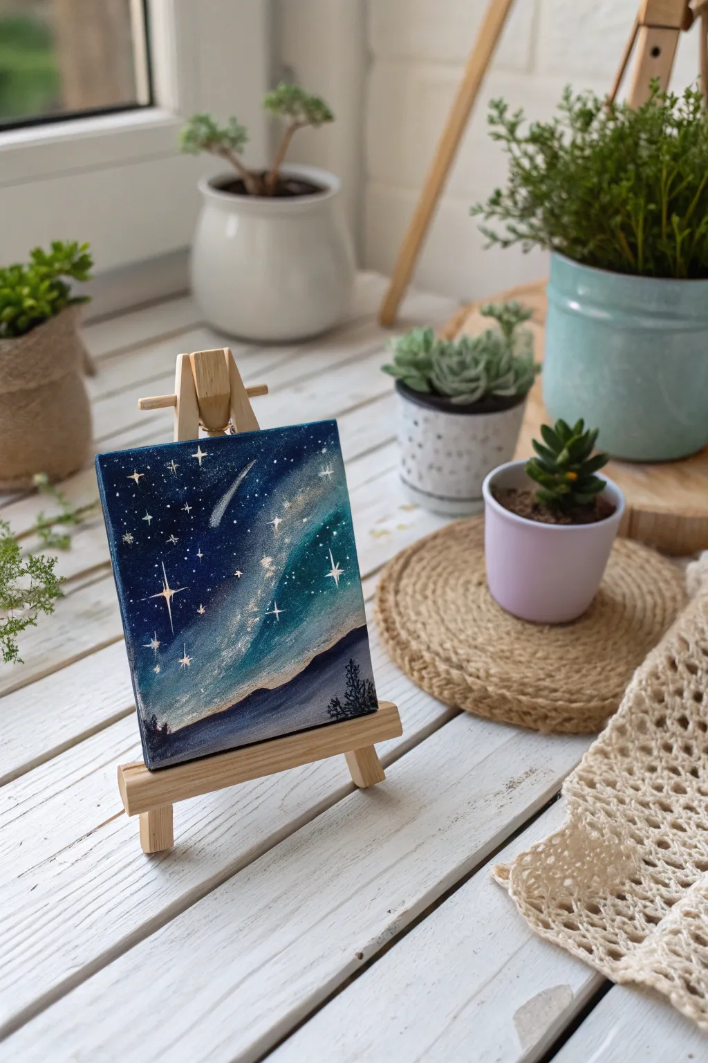 Capture the cosmos with a touch of elegance: A miniature starry night on canvas.