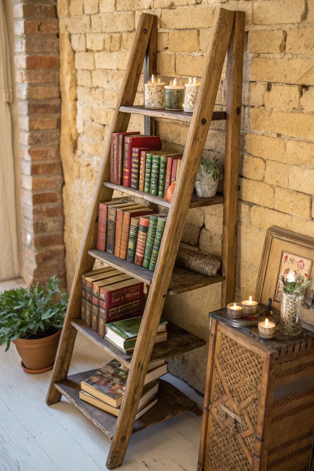 Elevate your reading nook with a handcrafted ladder bookshelf.