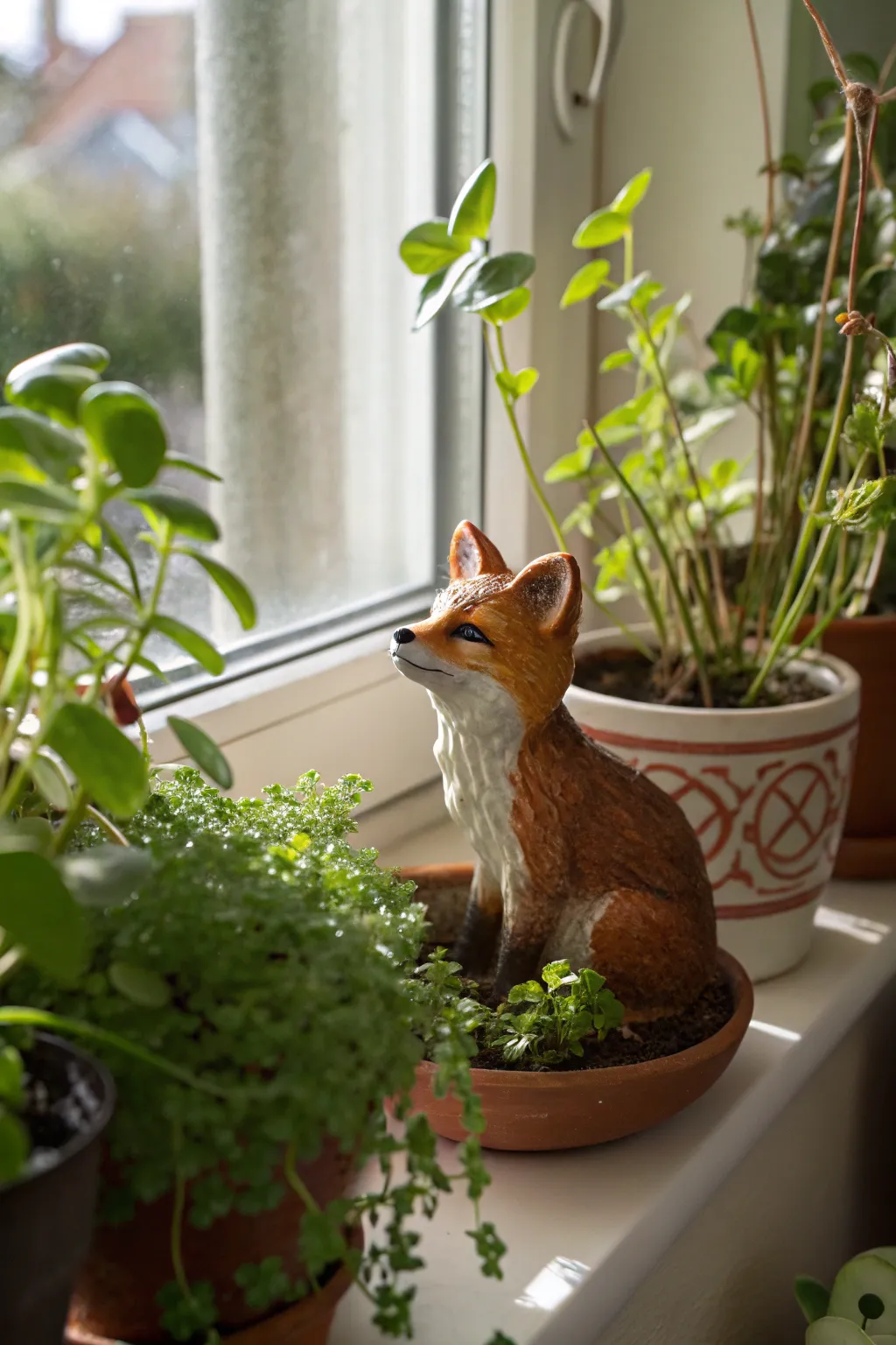 A ceramic fox sculpture brings whimsy to a windowsill.