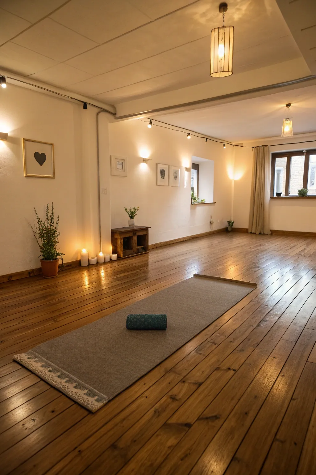 Wooden floors provide a warm foundation for yoga practice.