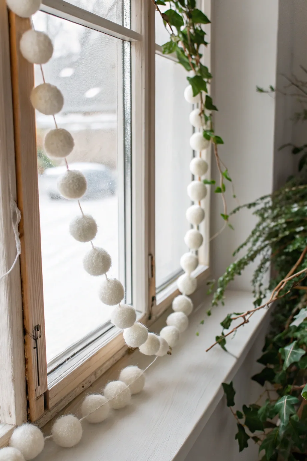 Embrace winter's charm with a handcrafted snowball garland that adds a touch of minimalist beauty to your home.