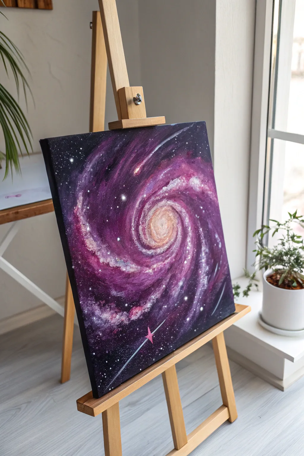 Elevate your space with a touch of cosmic magic: the Galaxy Swirl painting in violet and magenta.
