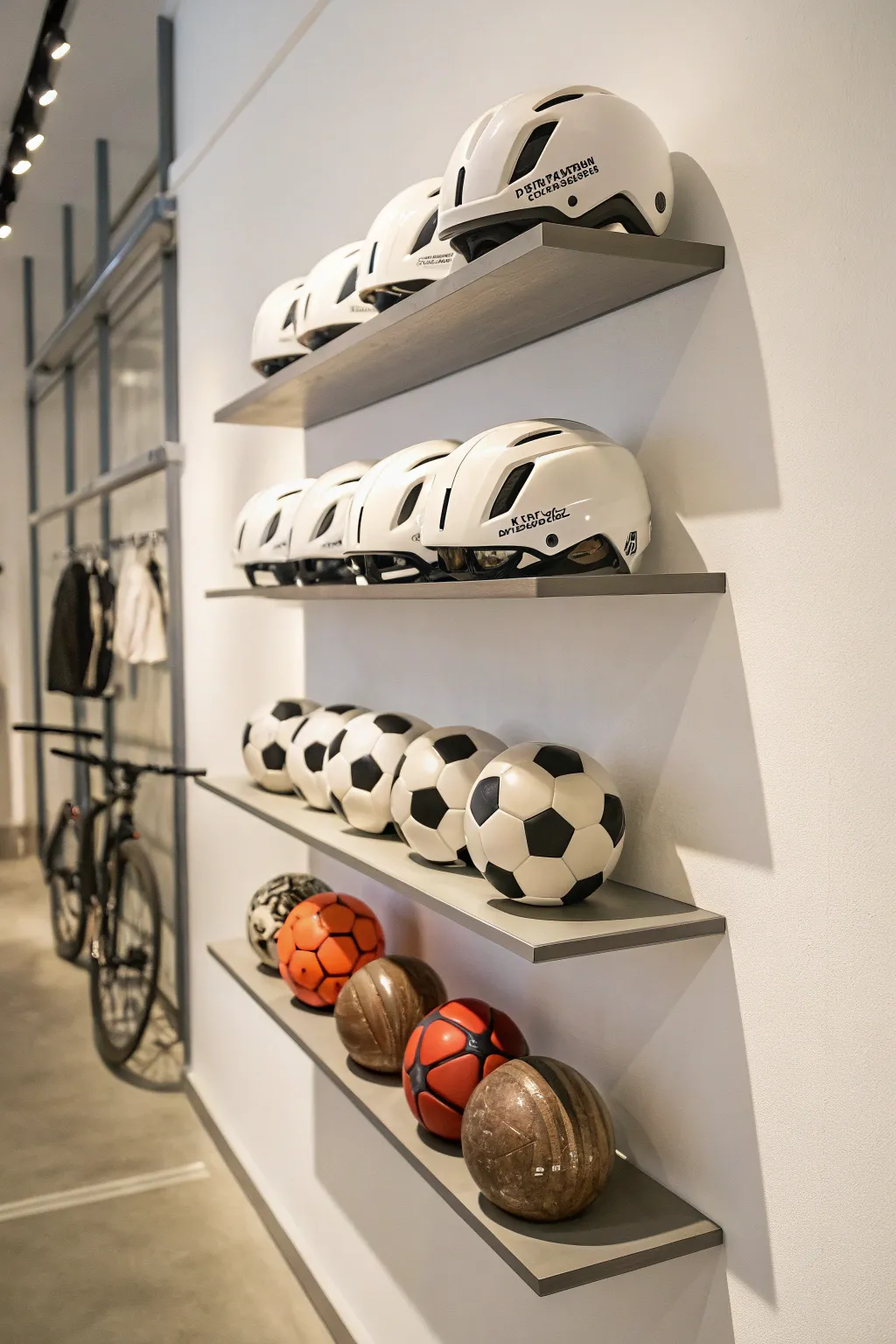 Minimalist floating shelves with sports memorabilia