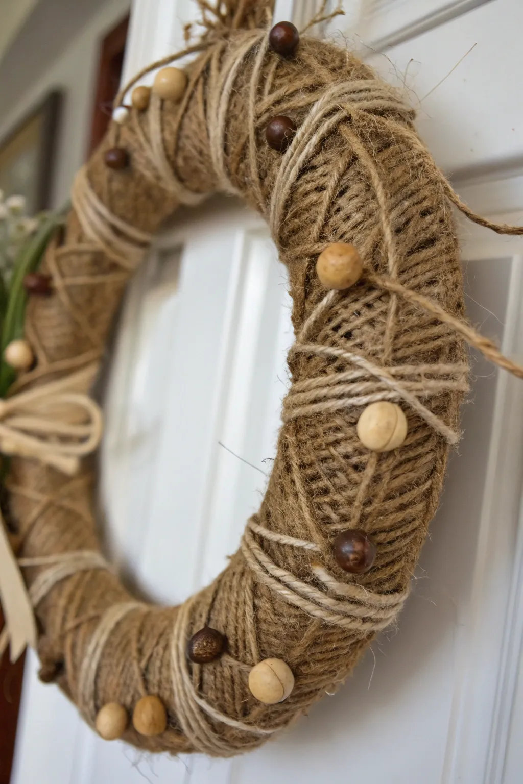 Rustic charm comes alive with twine-accented burlap wreaths.