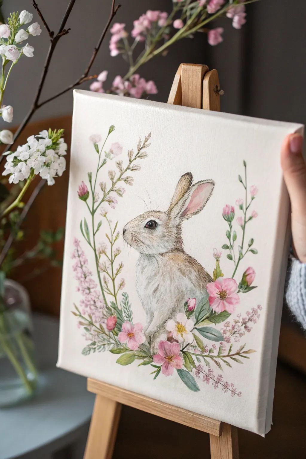 Embrace the charm of spring with this minimalist bunny painting, perfect for adding a playful touch to your space.