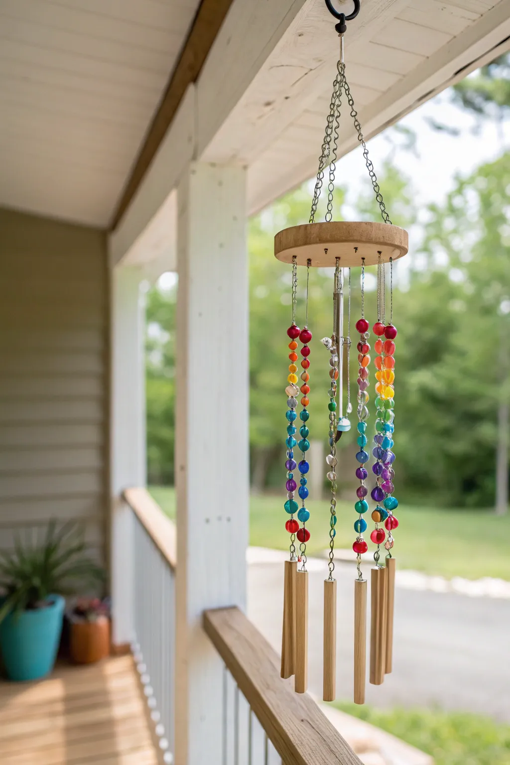 Add a splash of color and soothing sounds to your porch with a handcrafted rainbow wind chime. 🌈✨