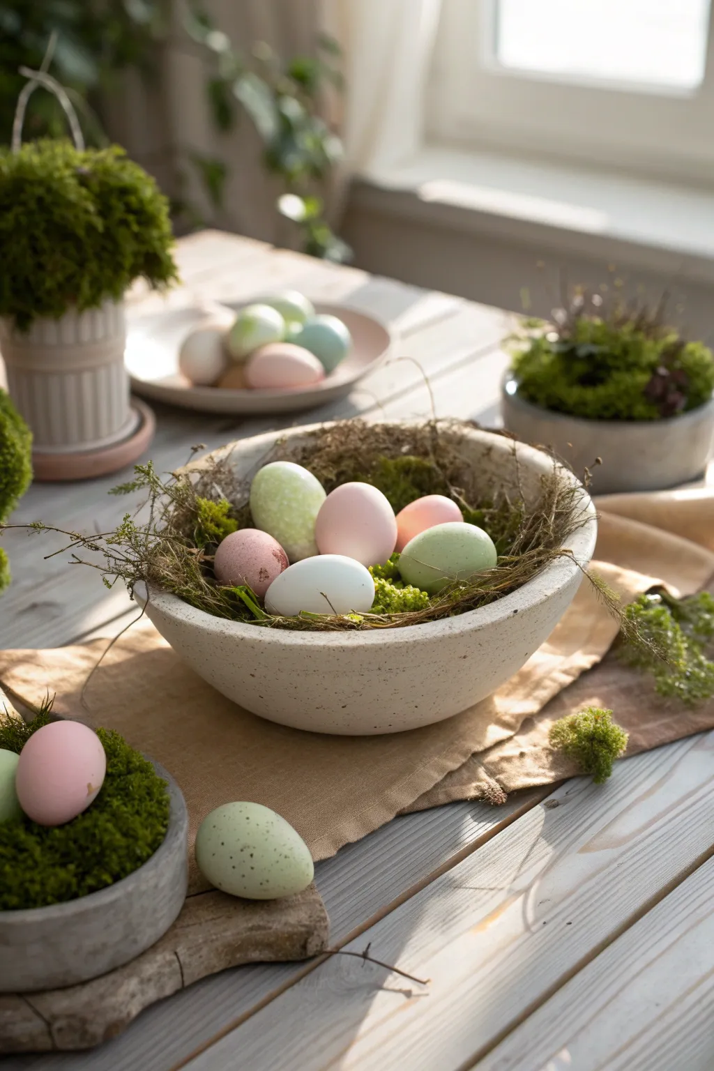 Bring a playful touch to your spring decor with pastel eggs nestled in soft moss.