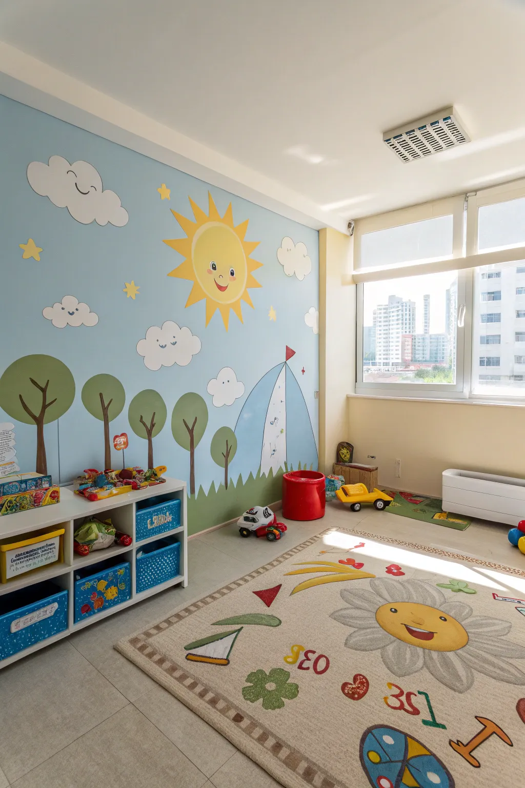 A child's playroom with a mural of sunny skies and fluffy clouds.