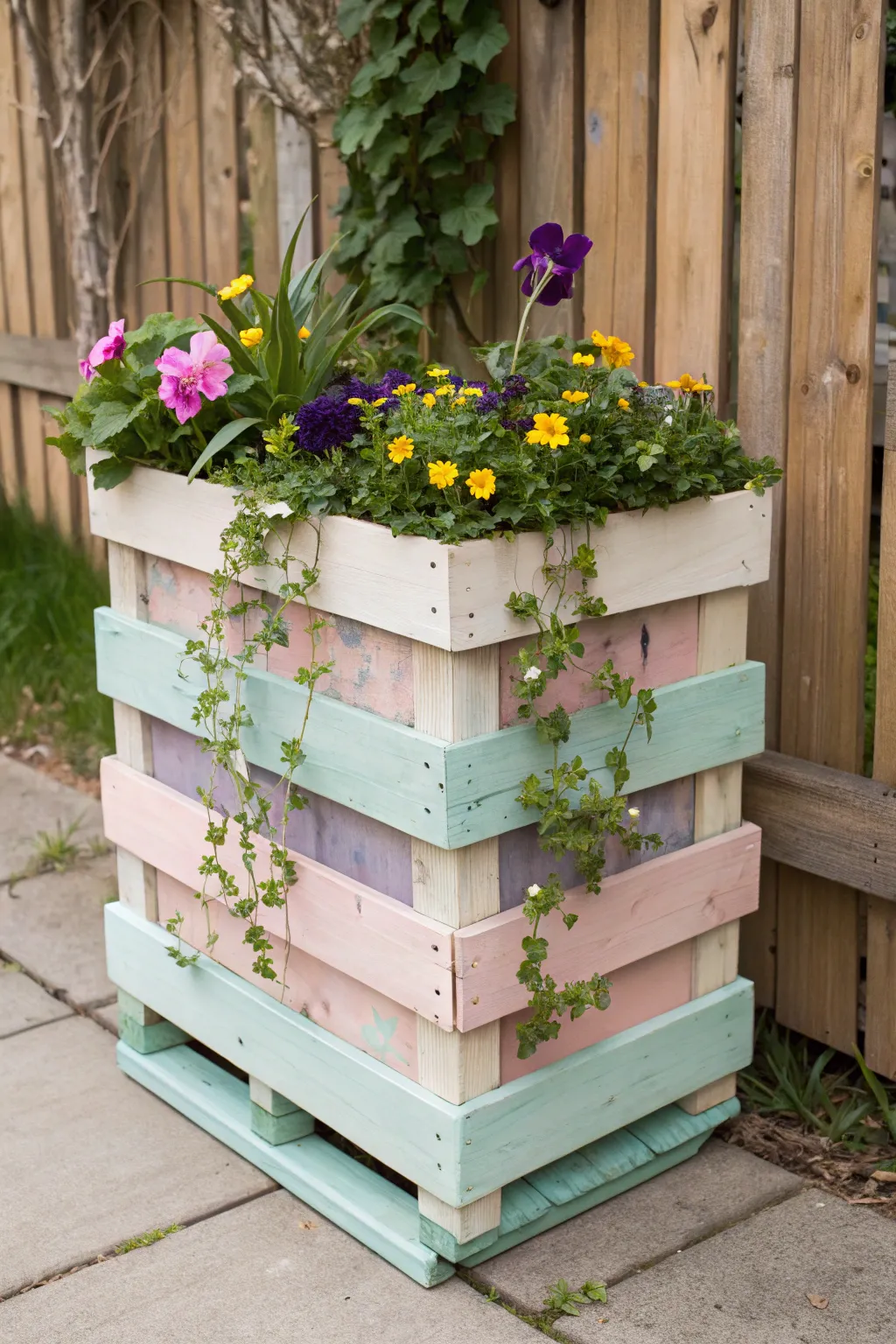 Transform your garden with a stunning pastel pallet planter, the perfect blend of craftsmanship and vibrant spring blooms.