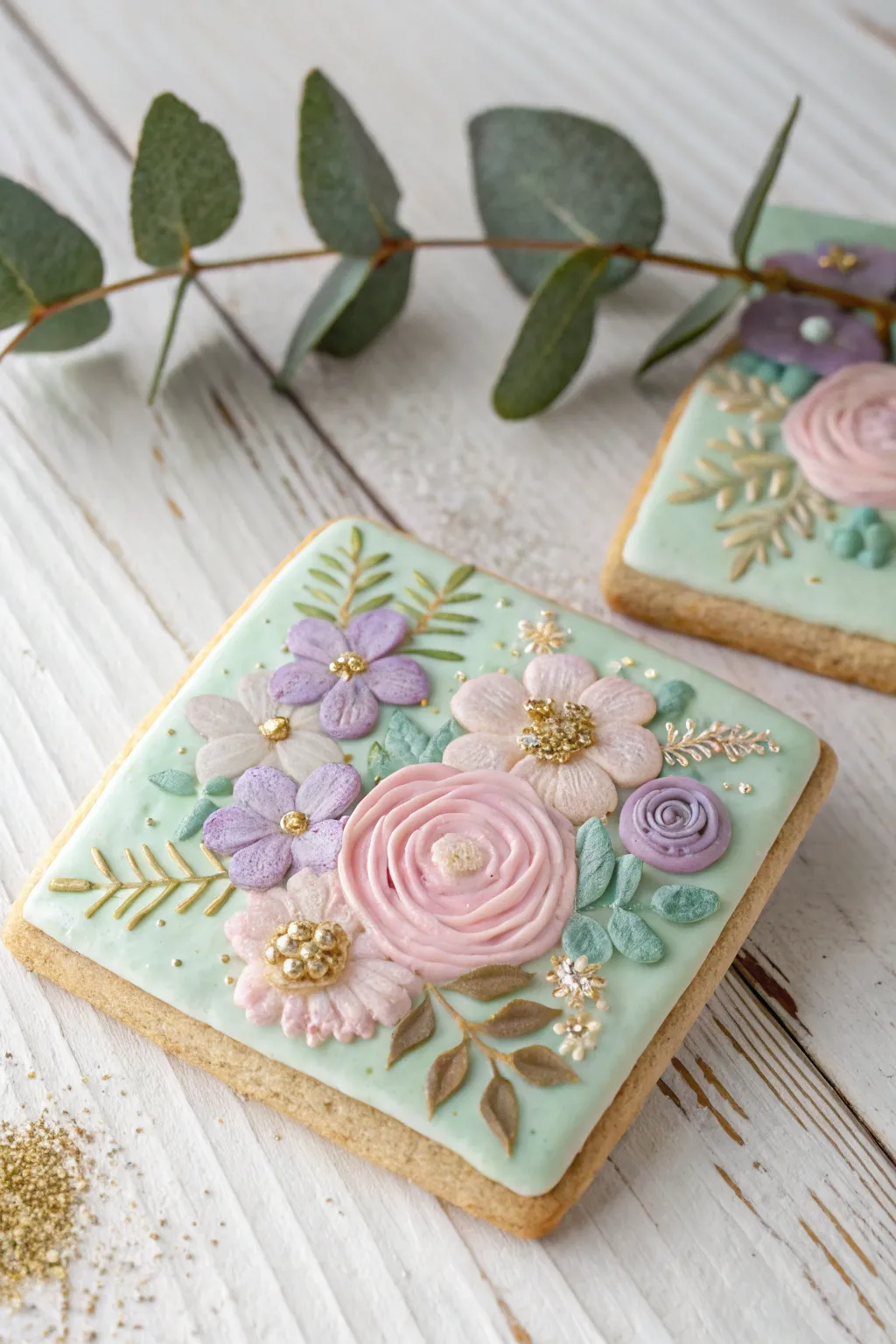 Elevate cookie decorating with enchanting floral designs and a hint of gold for a touch of magic.