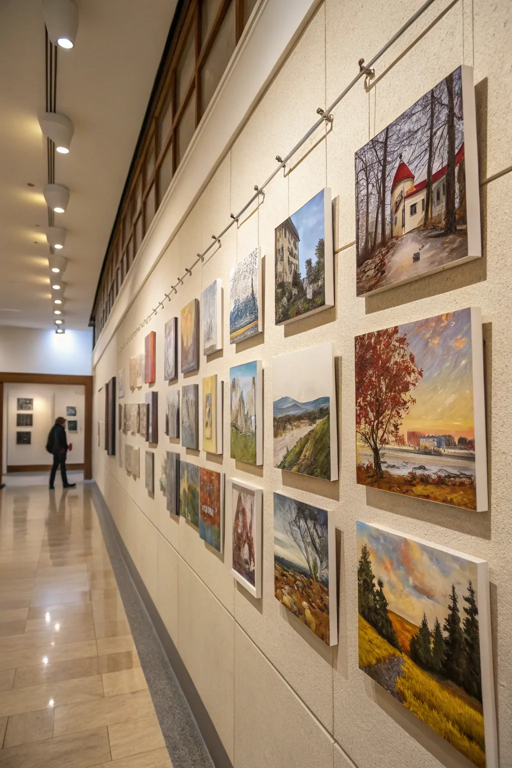 A collection of miniature art pieces creates a delightful focal point.