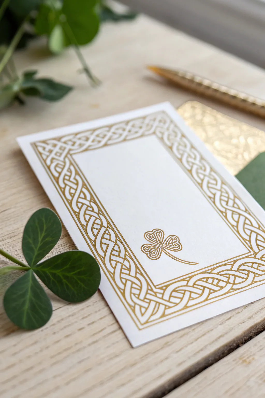 Elevate your St Patrick's Day greetings with elegant Celtic borders in gold.