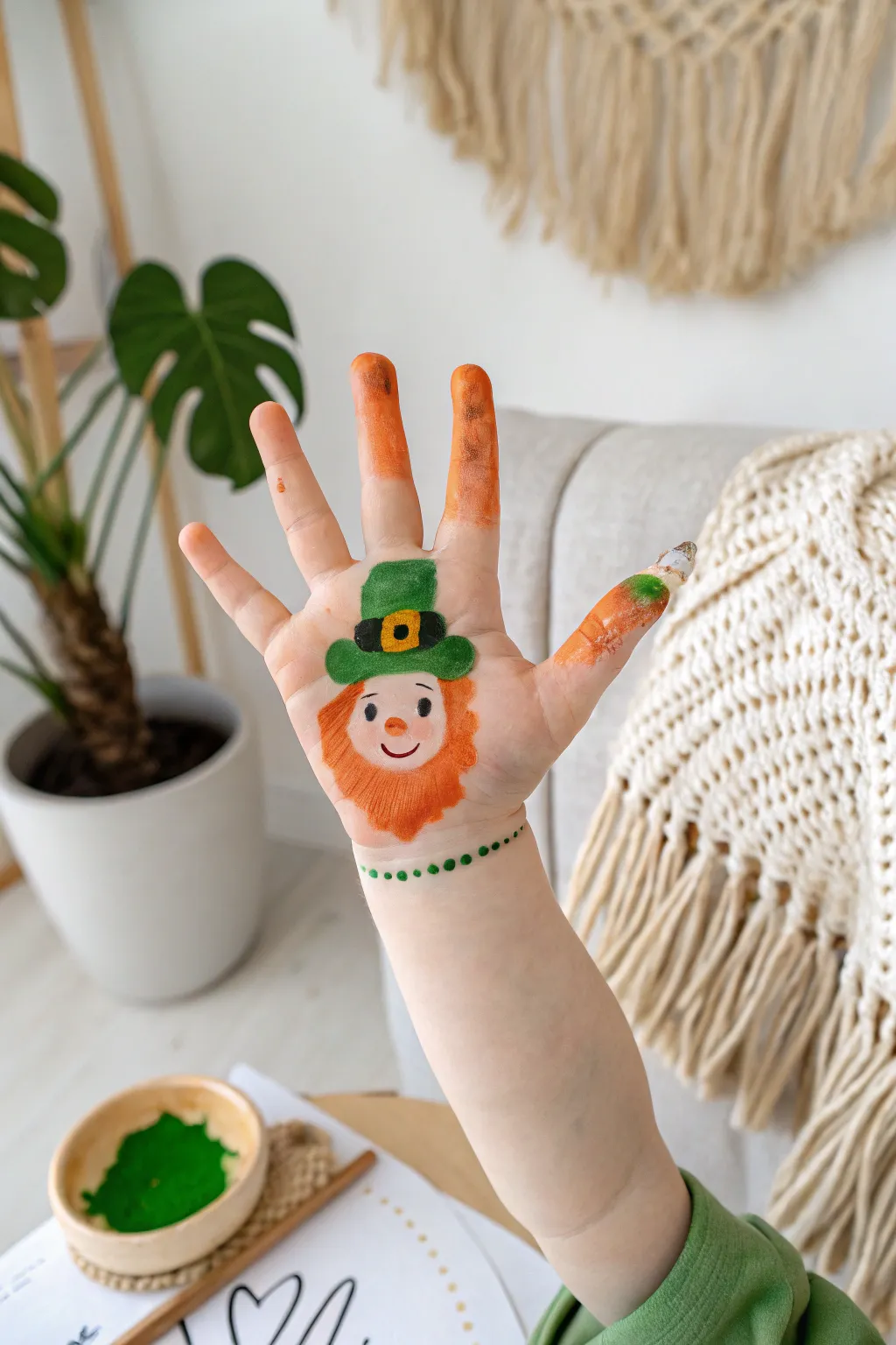 Tiny hands, big memories: A charming leprechaun handprint that adds a personal touch to your St. Patrick’s Day decor.