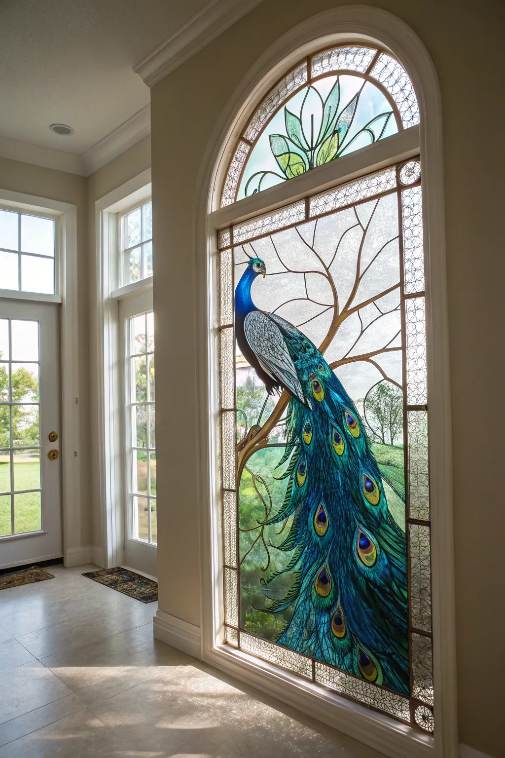 Embrace elegance with peacock-inspired stained glass that dances with sunlight.
