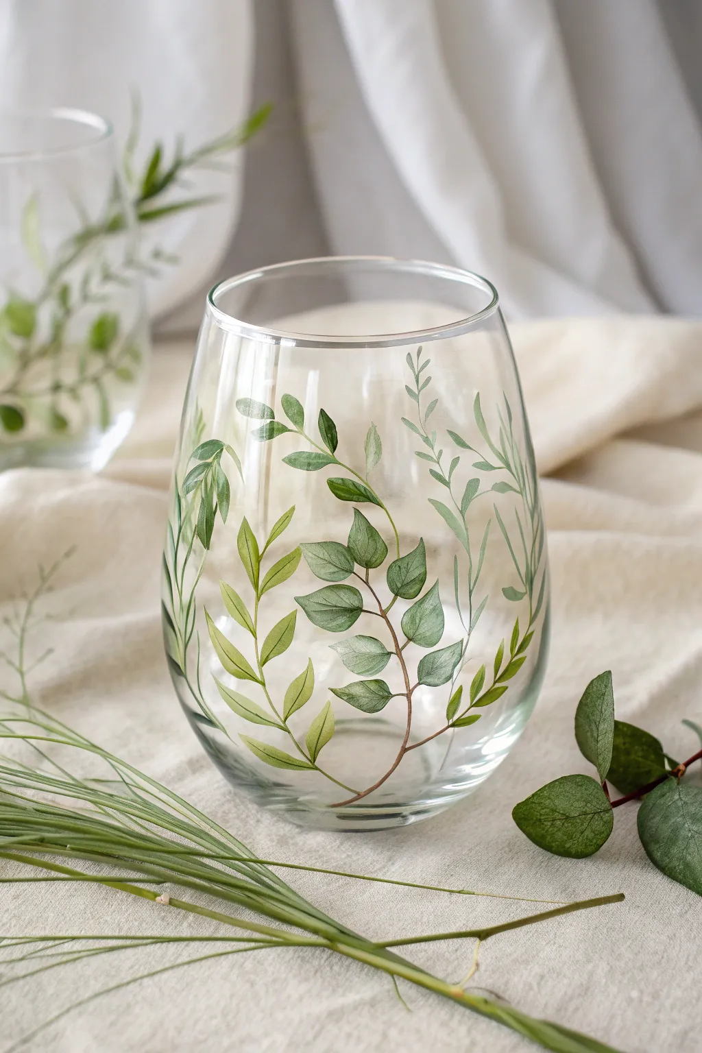 Embrace nature with elegantly painted botanical leaf designs on your wine glass, blending minimalist charm with boho flair.