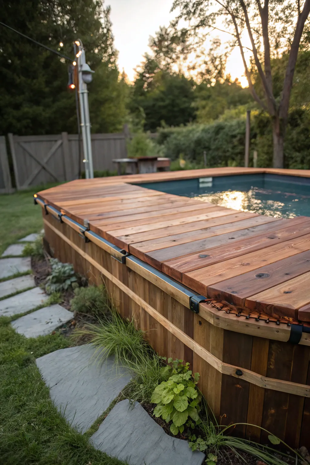 Craftsmanship meets creativity: A DIY pool cover that blends function with rustic elegance.